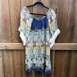 Uncle Frank Off Shoulder Paisley Peacock Boho Mini Dress Sz X